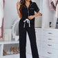 Contrast Piping Lapel Collar Short Sleeve Top and Pants Pajama Set