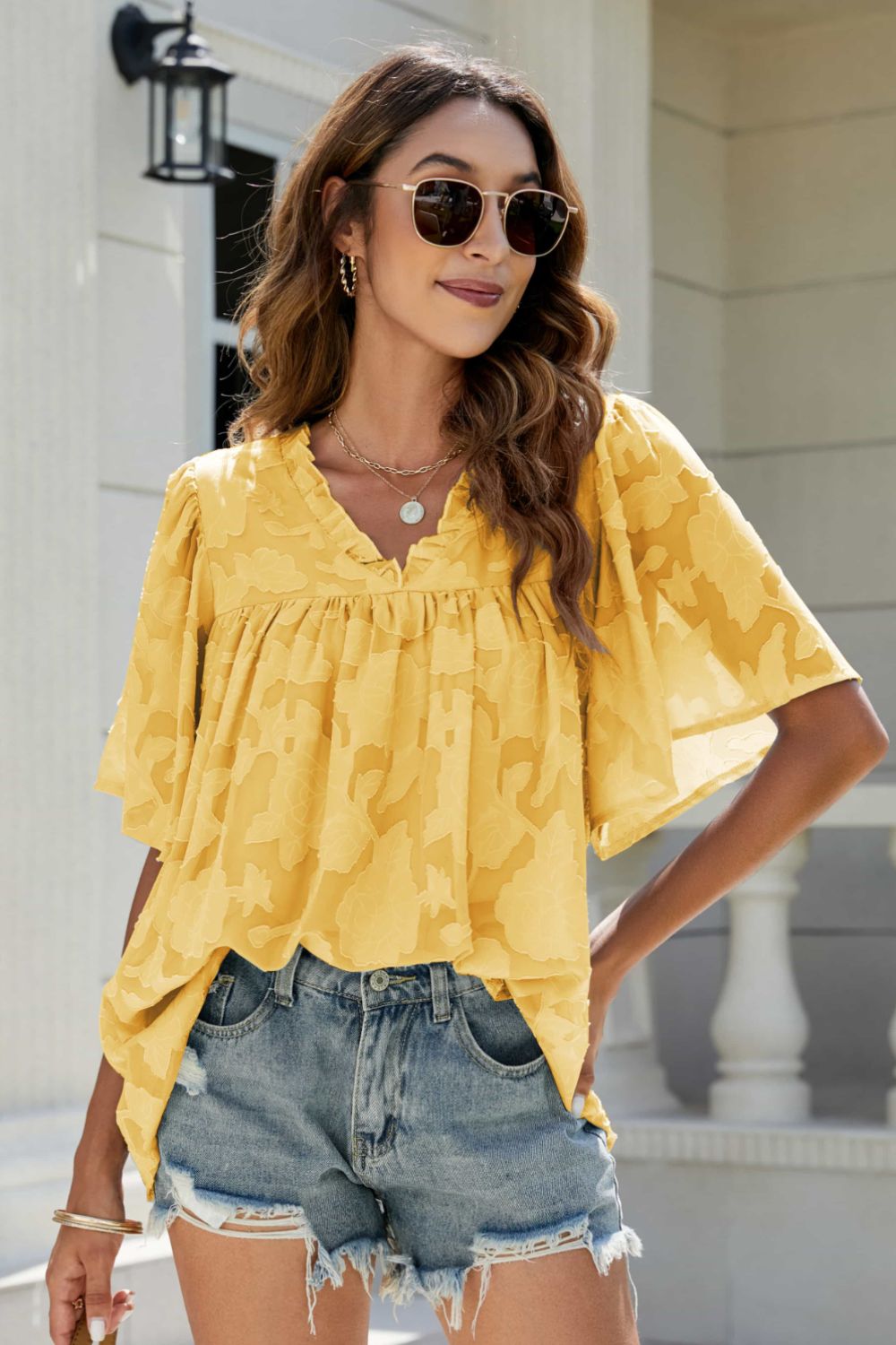 Applique Frill Trim Flutter Sleeve Blouse