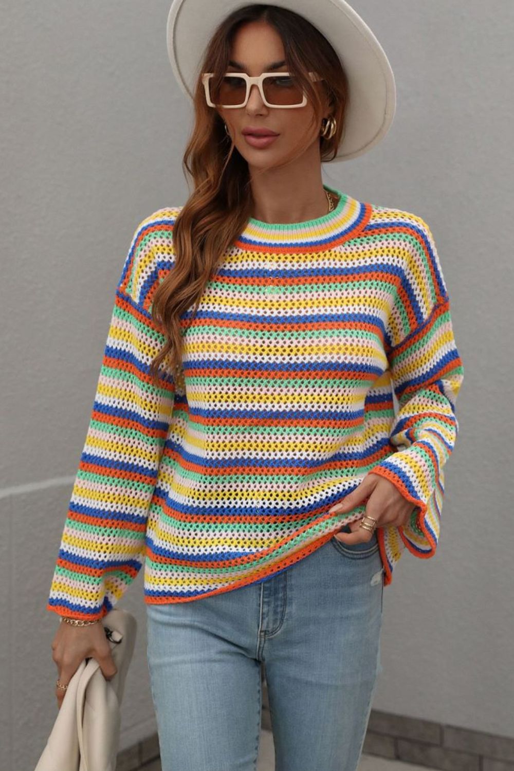 Multicolored Stripe Drop Shoulder Round Neck Sweater