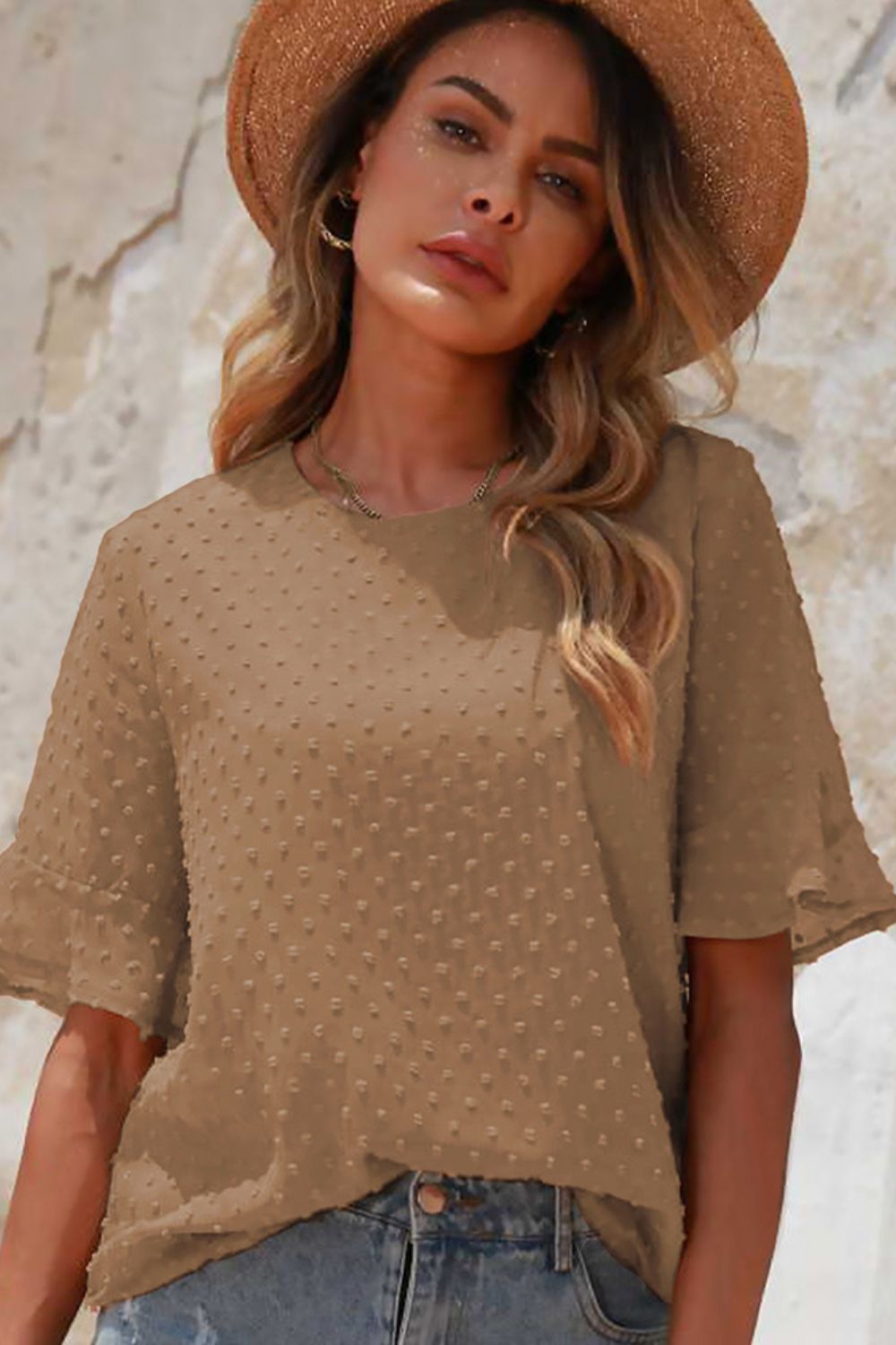 Swiss Dot Flounce Sleeve Round Neck Blouse