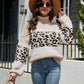 Striped Leopard Turtleneck Dropped Shoulder Sweater