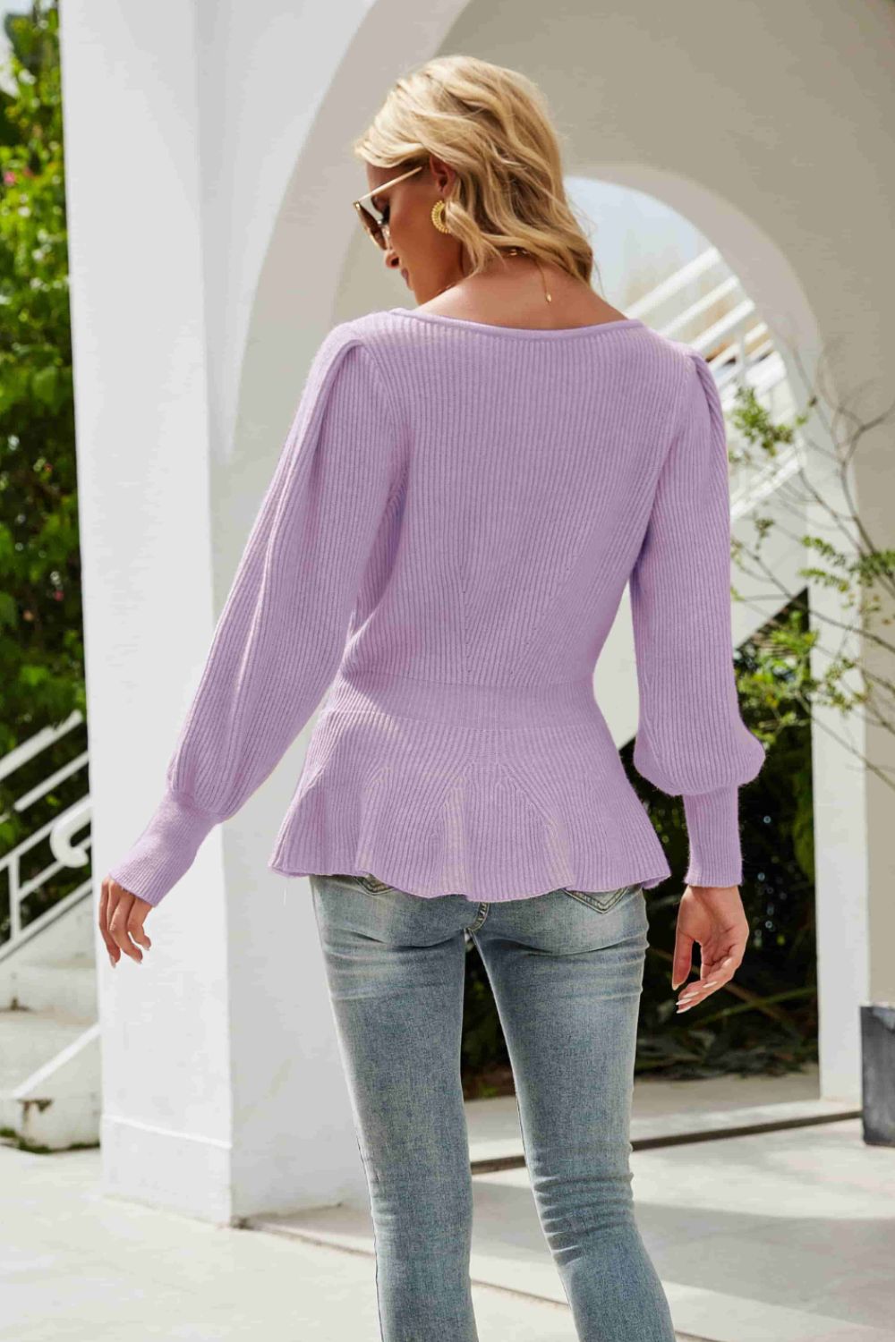Rib-Knit Lantern Sleeve Peplum Sweater