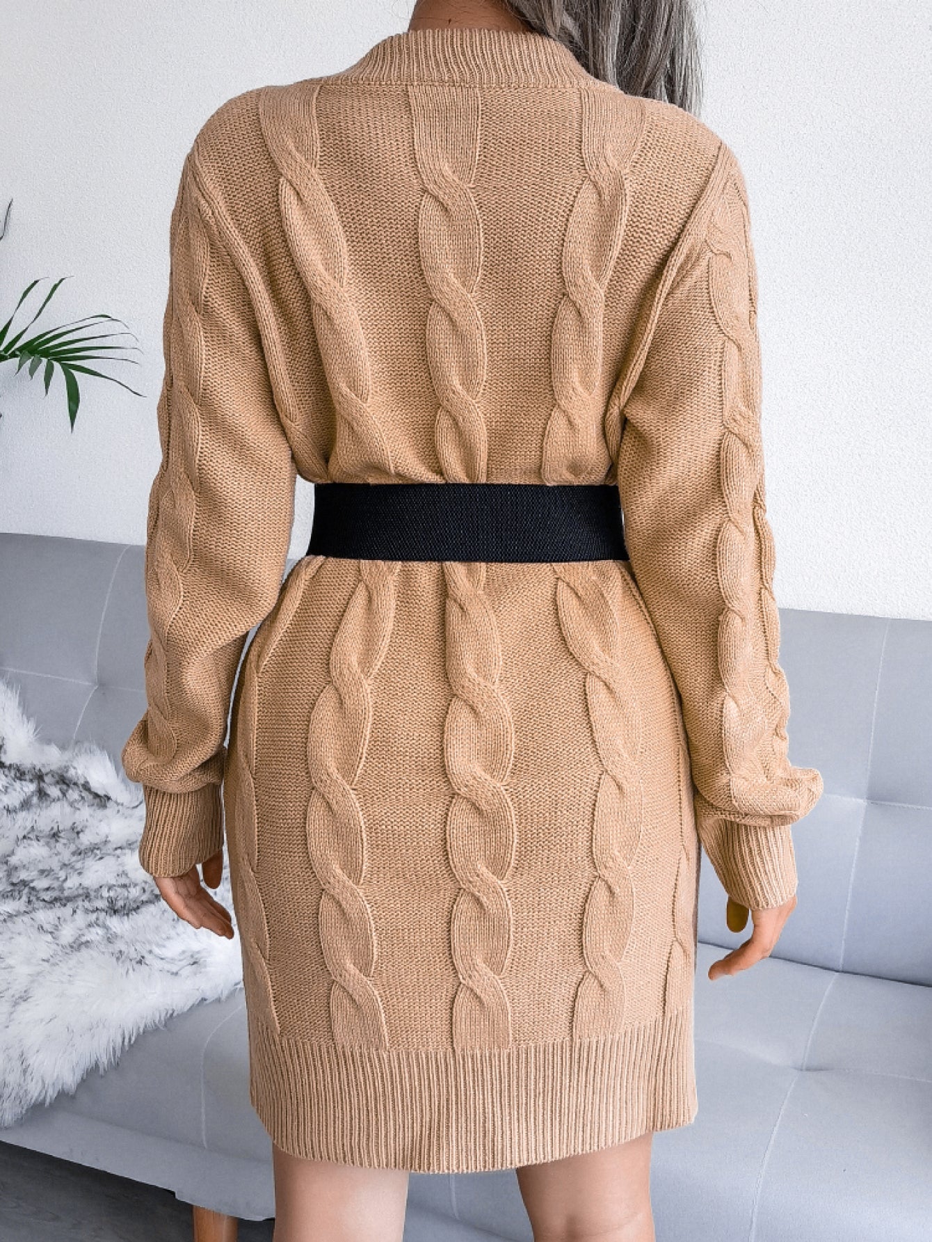Cable-Knit Long Sleeve Ribbed Trim Mini Sweater Dress (Belt Not Included)