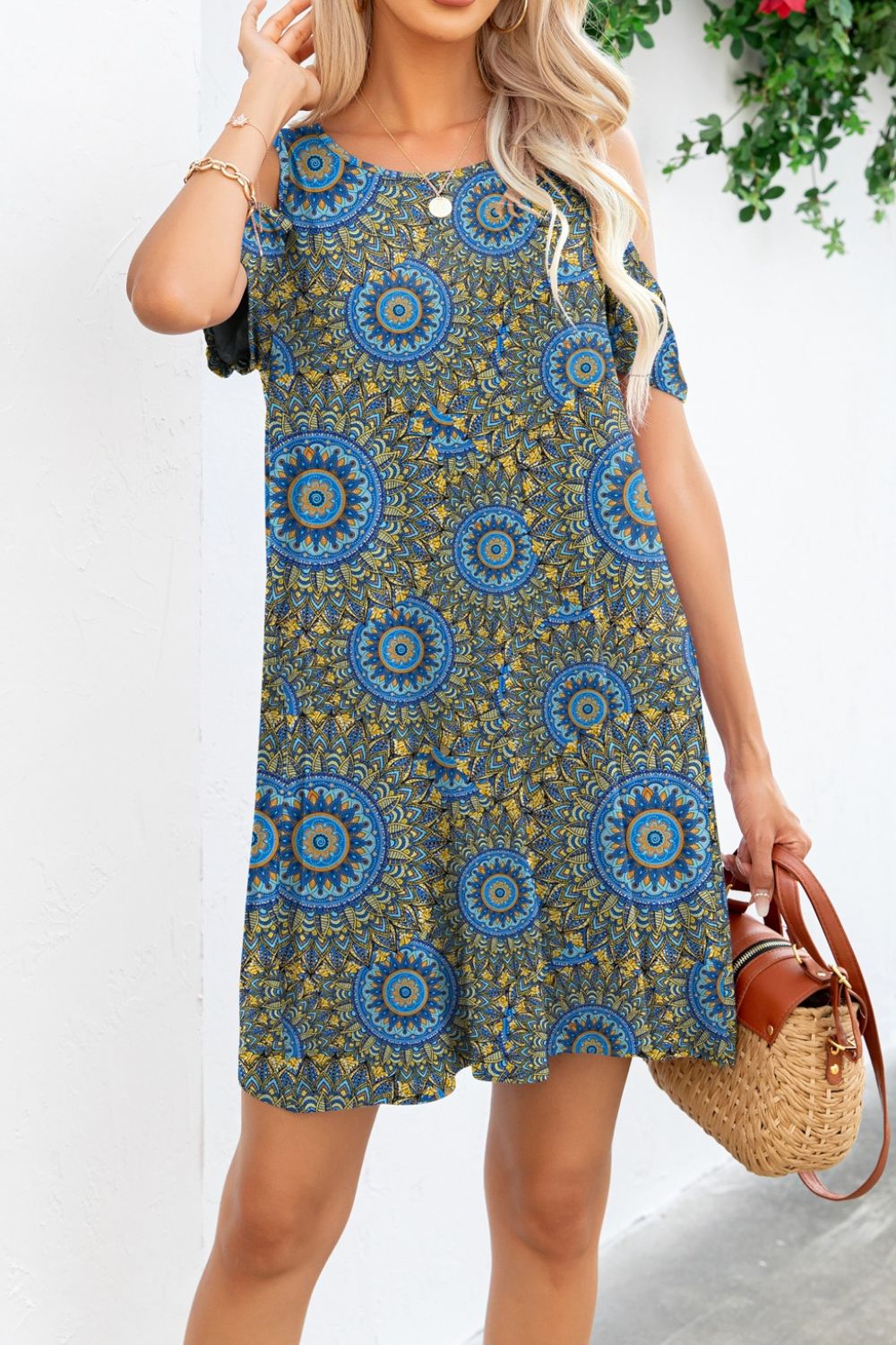 Printed Round Neck Cold-Shoulder Dress