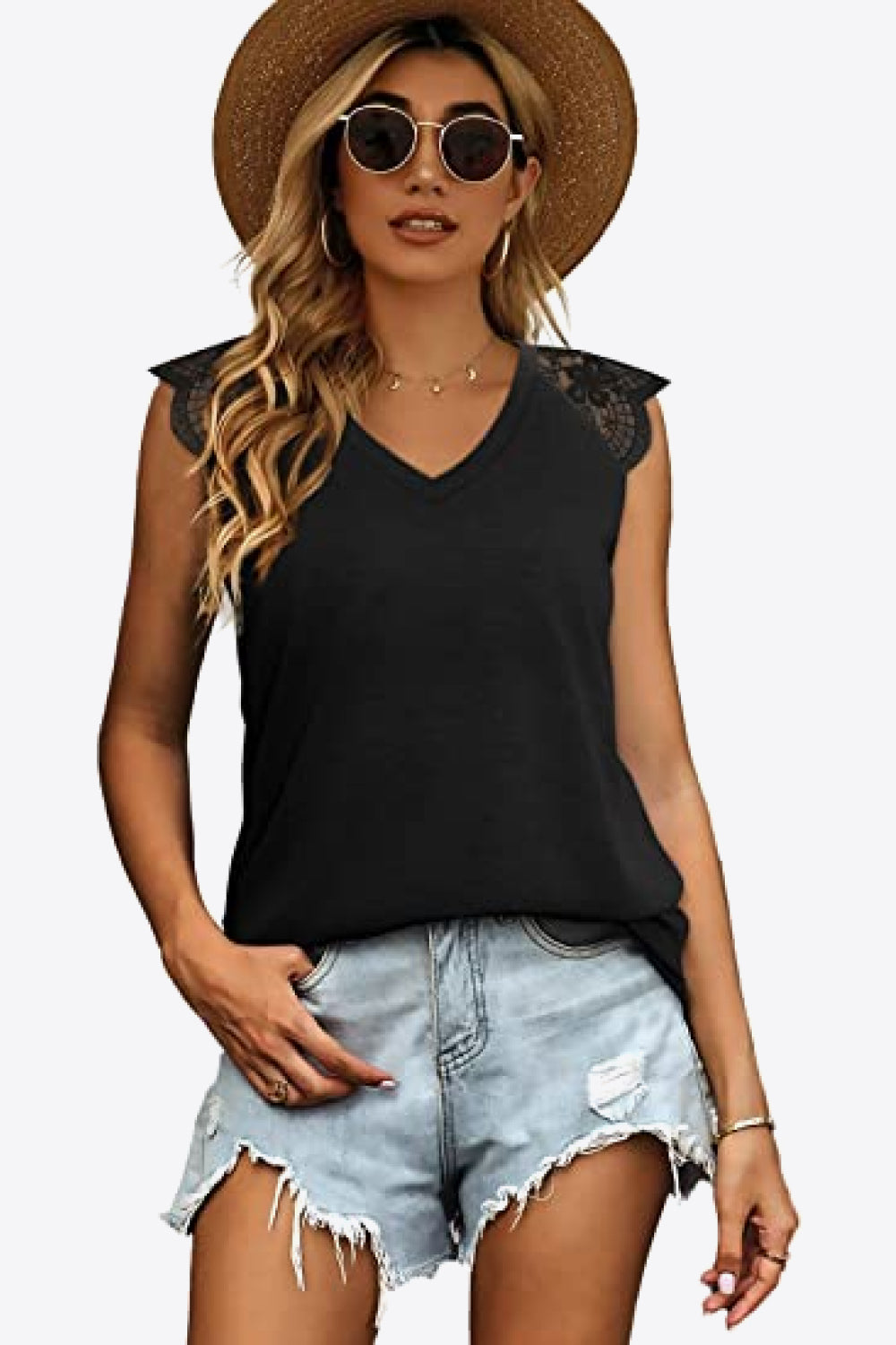 Spliced Lace Curved Hem Blouse