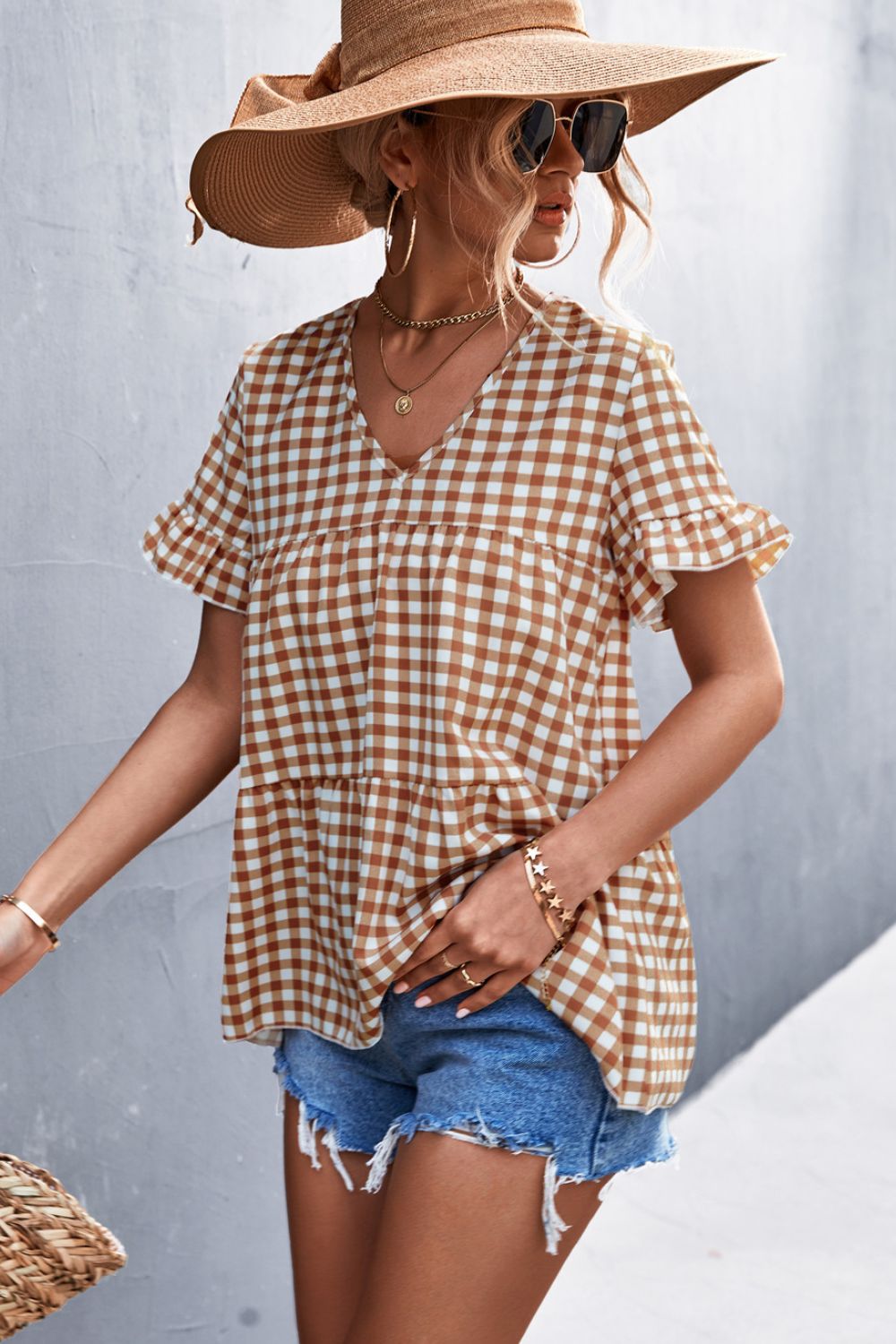 Gingham Flare Sleeve Babydoll Top