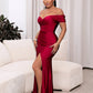 Ruched Off-Shoulder Tulip Hem Satin Maxi Dress