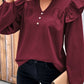 Decorative Button Notched Neck Ruffle Shoulder Blouse