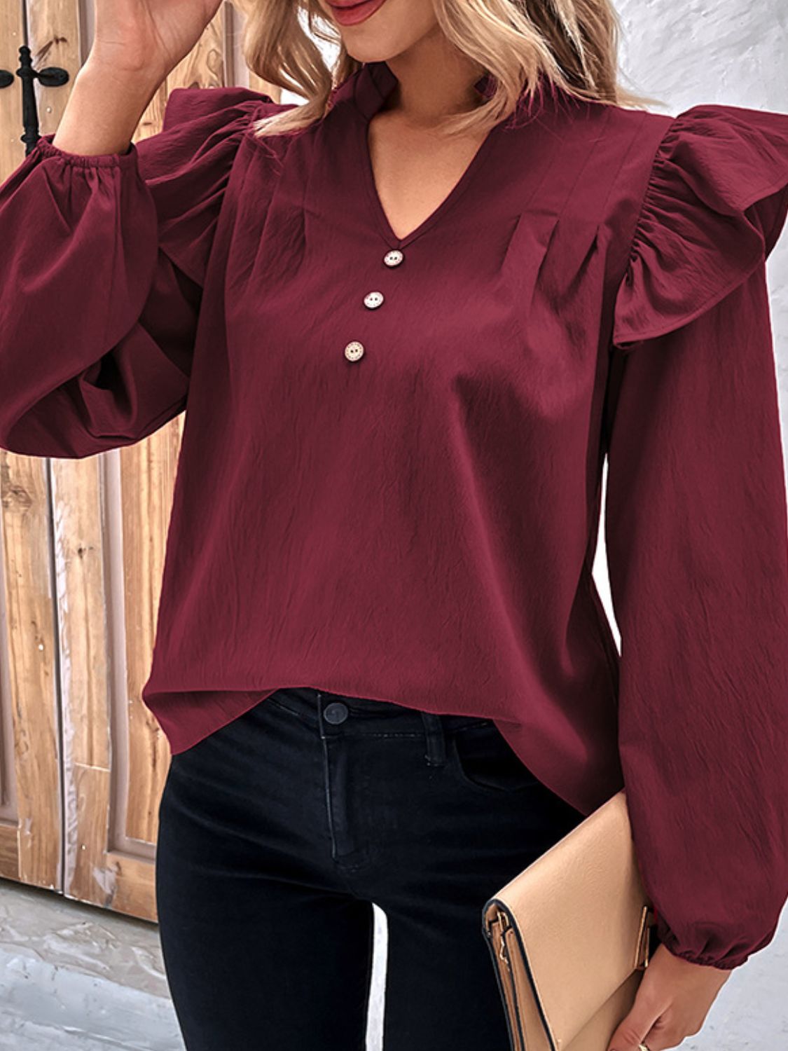 Decorative Button Notched Neck Ruffle Shoulder Blouse