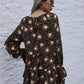 Leopard Round Neck Tiered Flounce Sleeve Blouse