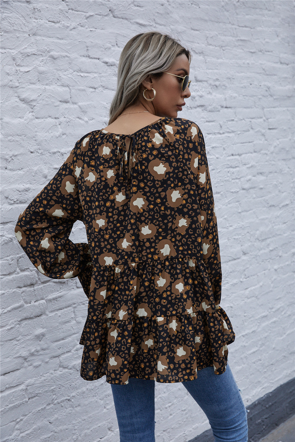 Leopard Round Neck Tiered Flounce Sleeve Blouse