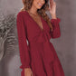 Tied Plunge Smocked Waist Flounce Sleeve Dress