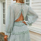 Floral Frill Trim Plunge Flounce Sleeve Dress