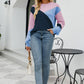 Tricolor Color Block Round Neck Ribbed Trim Sweater