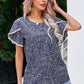 Printed Pom Pom Detail Petal Sleeve Blouse