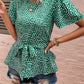 Heart Print Tie Belt Puff Sleeve Blouse