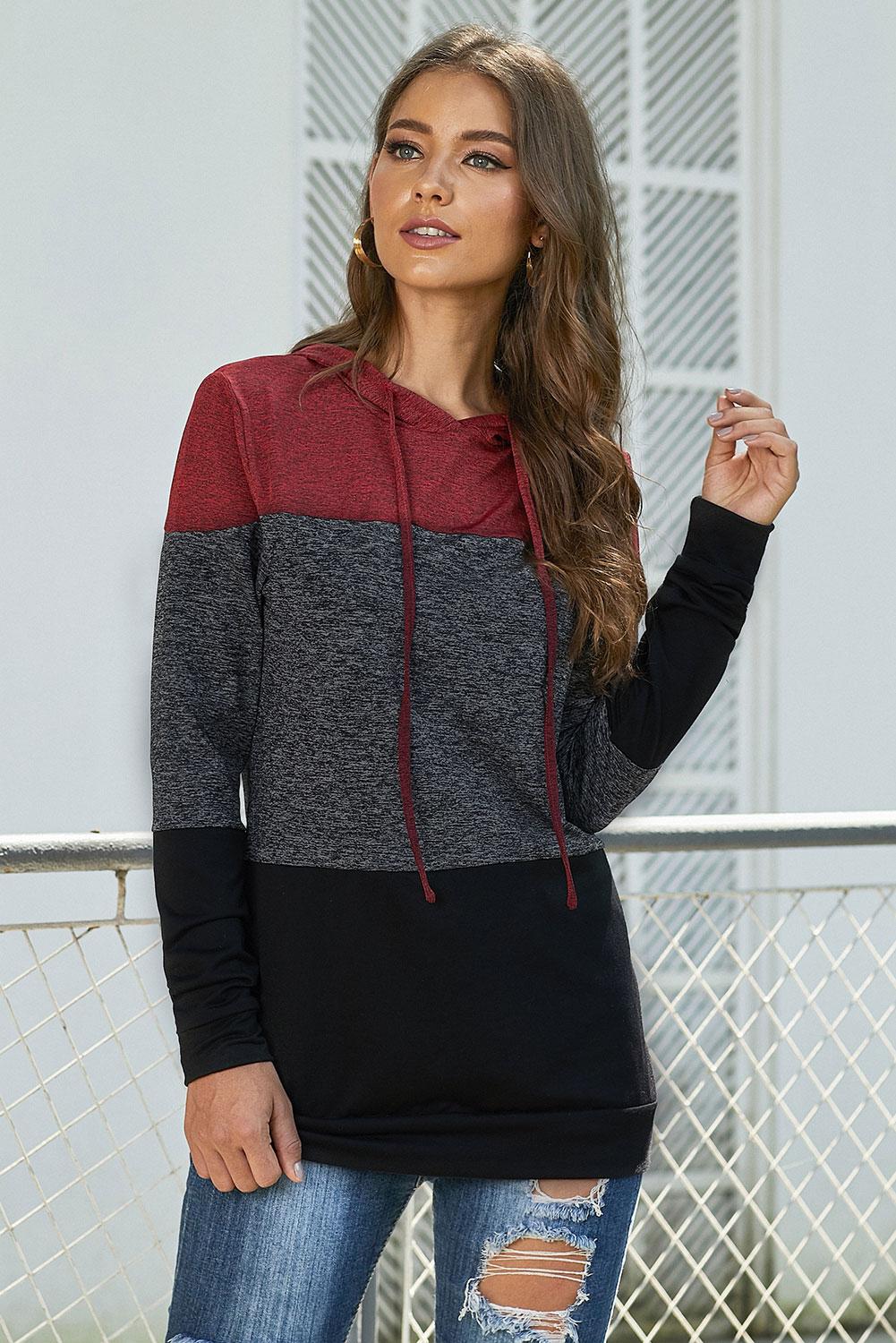 Color Block Long Sleeve Pullover Knit Hoodie