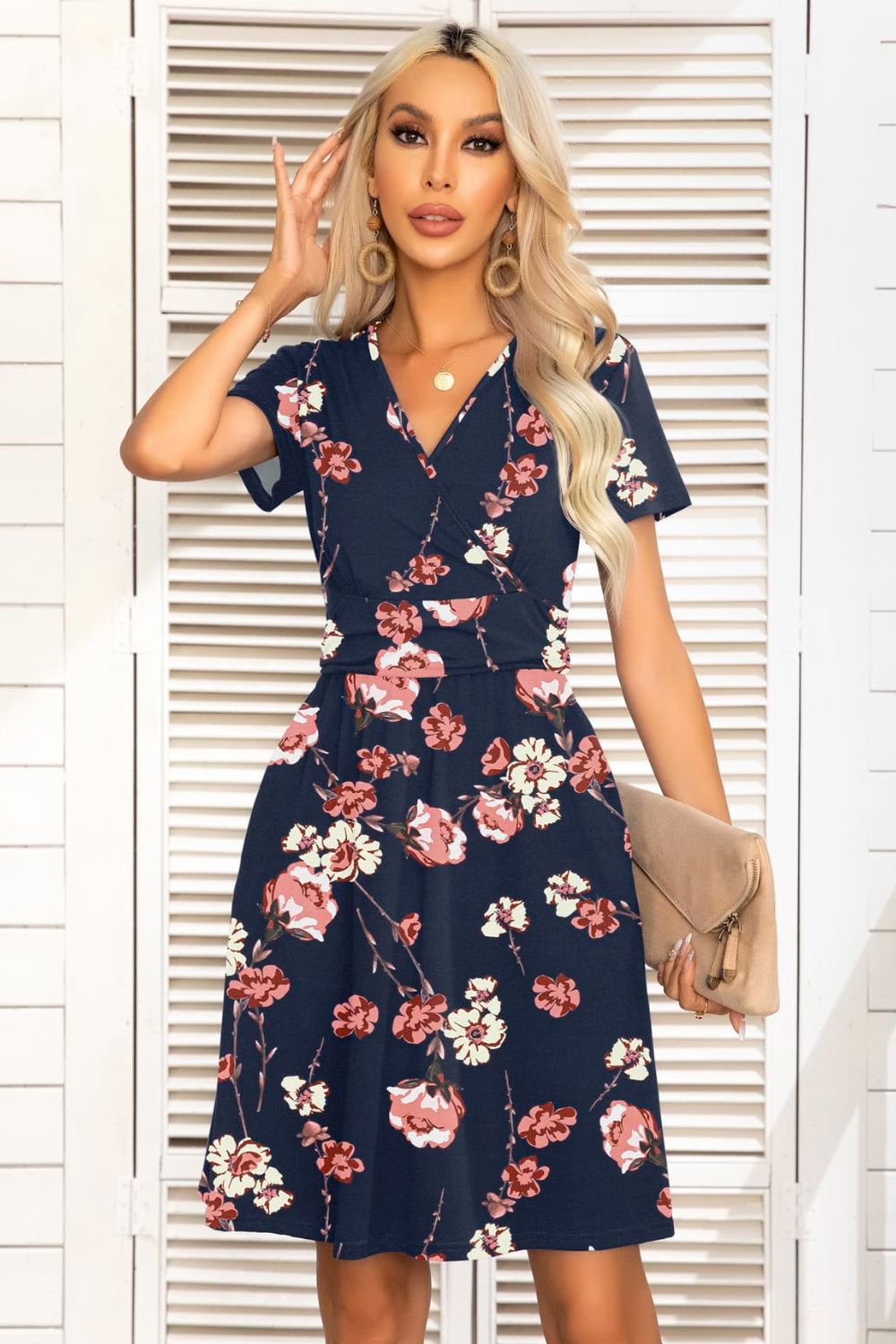 Printed Short Sleeve Surplice Neck Dress