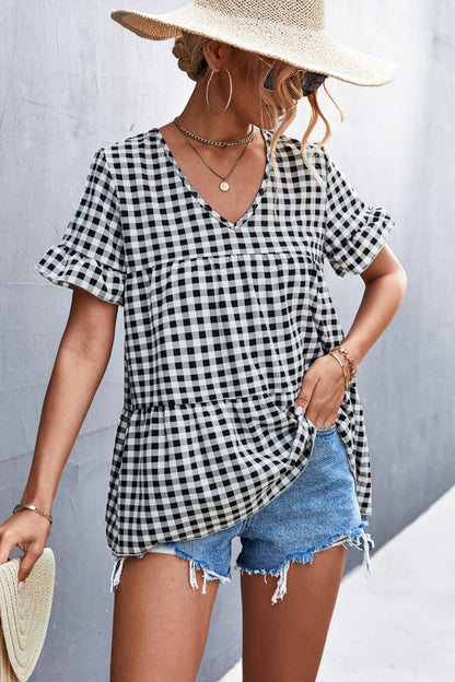 Gingham Flare Sleeve Babydoll Top