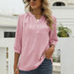 Swiss Dot Notched Neck Three-Quarter Sleeve Blouse