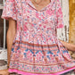 Bohemian Decorative Button Tie-Neck Peplum Blouse