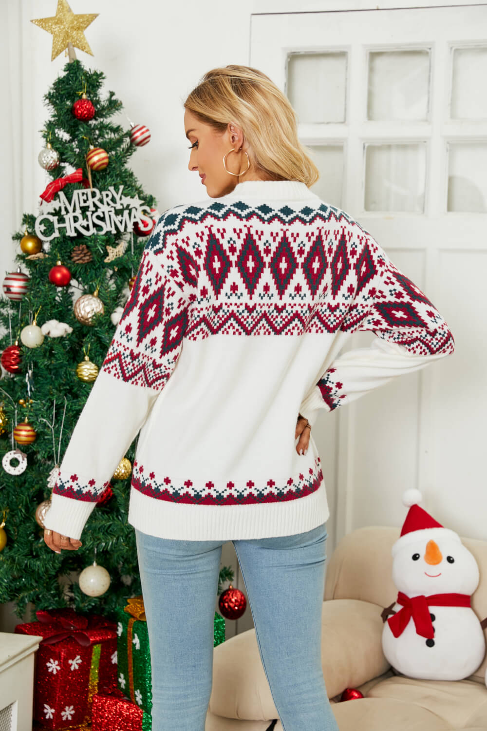 Geometric Crewneck Dropped Shoulder Sweater