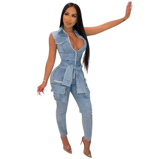 Fashion Sexy Zipper Burr Jeans Jumpsuit Women Cute Overalls Buttons Pocket Sleeveless Casual Tbl1