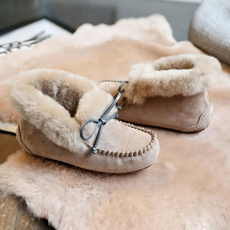 100% Genuine Leather waterproof women flat shoes comfortable winter warm natural fur snow shoes fashion non-slip women shoes