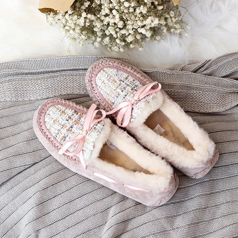 100% Natural Fur Women Shoes Soft Genuine Leather Moccasins Winter Mother Loafers Leisure Flats Female Driving Casual Footwear