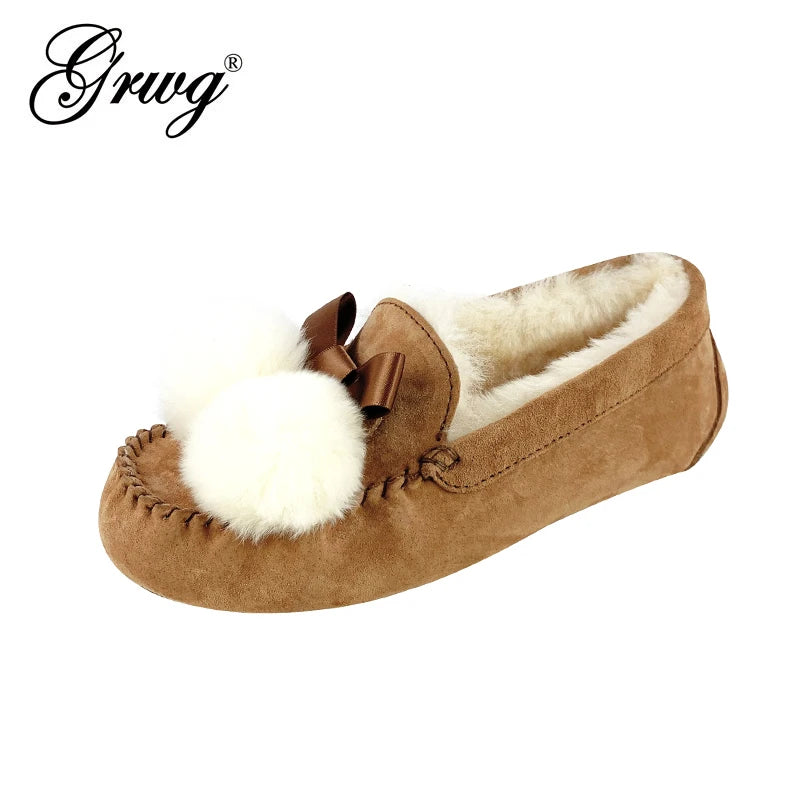 New Top Quality Women Flats 100% Natural Fur Genuine Leather Ankle Shoes Fashion Women Moccasins Casual Slip On Winter Shoes