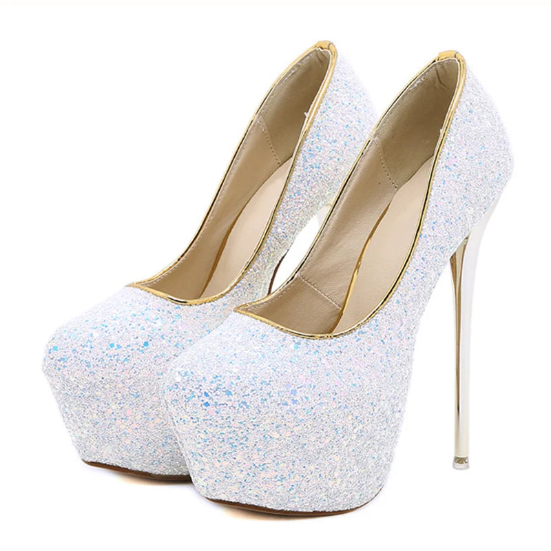 Size 44 45 Women Pumps Extrem Sexy High Heels Platform Fashion Bling Sequined Cloth Round Toe Ladies Wedding Shoes Bride