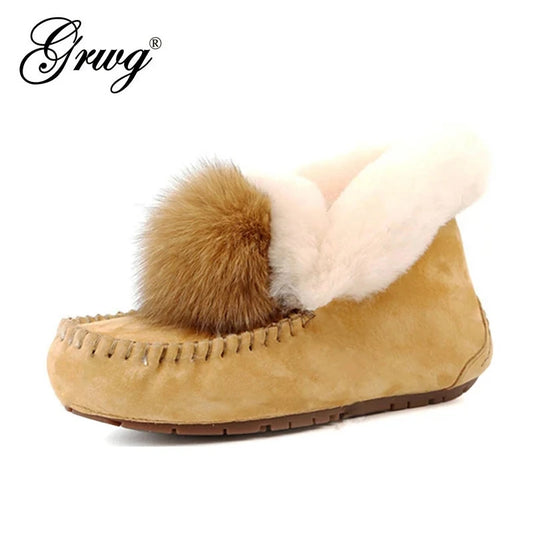 GRWG Winter Shoes 100% Genuine Leather Loafers Real Wool Winter Classic Flats For Women's Fashion Shoes