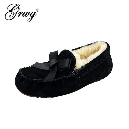 GRWG High Quality New Women Flats Genuine Leather Women Shoes Brand Driving Shoes Winter Natural Fur Wool Women Casual Shoes