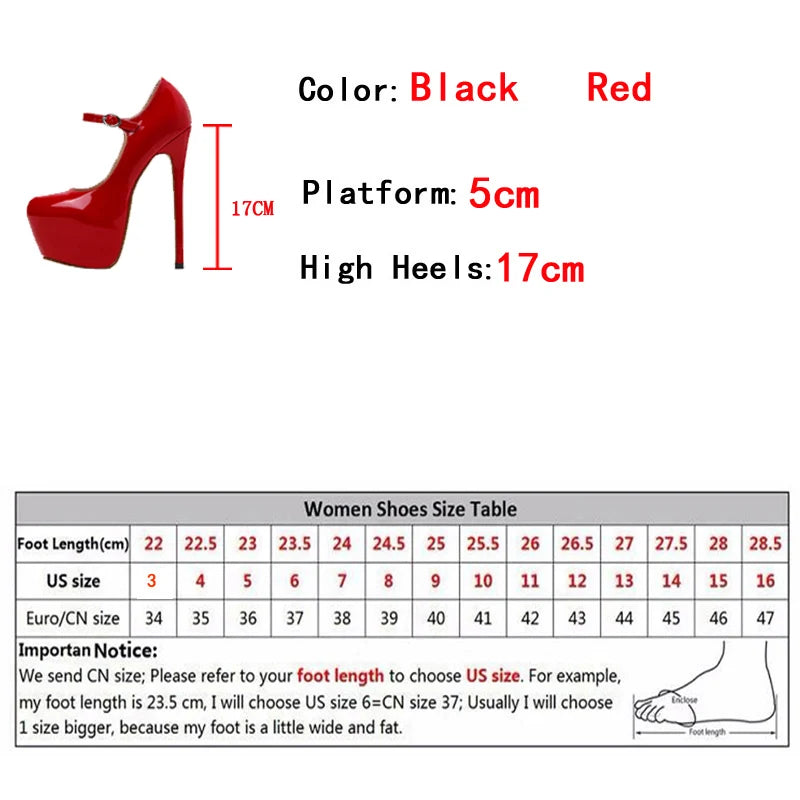 Sexy Red High Heels Platform Pumps 17cm Women Fashion Runway Patent Leather Round Toe Buckle Strap Party Wedding Stripper Shoes