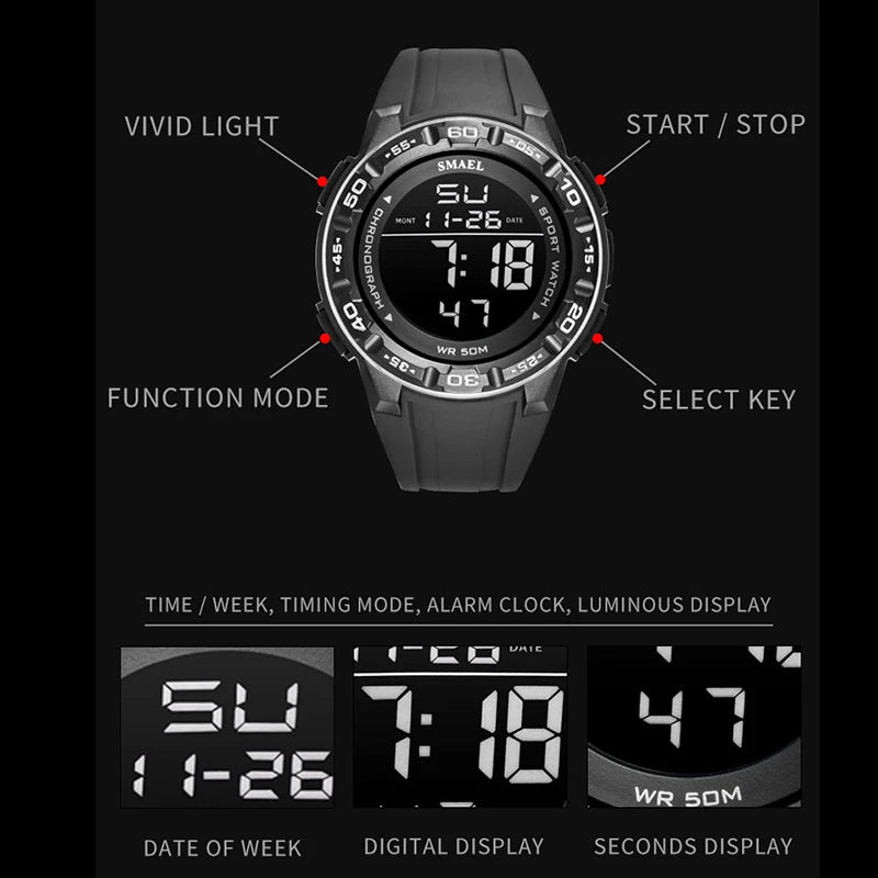 New Watch Digital For Men SMAEL Luxury Brand Clocks 50M Waterprrof Wrist Watch Military LED Light reloj 1508 Men's Watches Sport