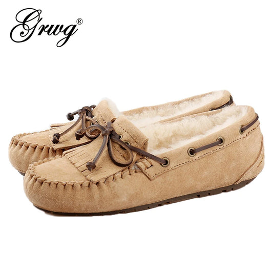 GRWG 100% Natural Fur Women Shoes Moccasins Mother Loafers Soft Genuine Leather Leisure Flats Female Driving Casual Footwear