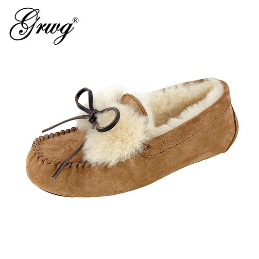 Women 100% Natural Fur Shoes Moccasins Loafers Soft Genuine Leather Leisure Flats Female Casual Footwear Size 34-44