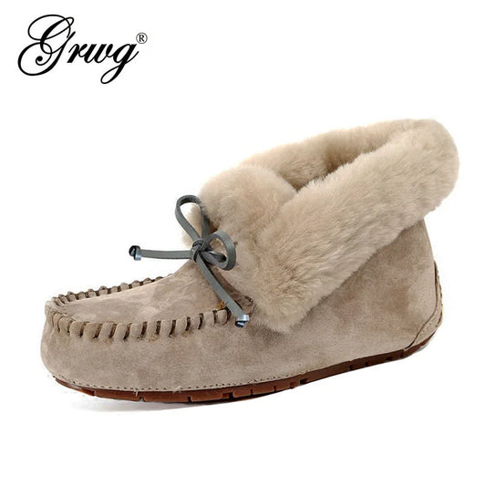 100% Genuine Leather waterproof women flat shoes comfortable winter warm natural fur snow shoes fashion non-slip women shoes