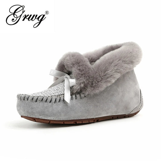 GRWG 100% Real Wool Women Flat Shoes Comfortable Winter Warm Genuine Leather Waterproof Snow Shoes Fashion Non-Slip Women Shoes