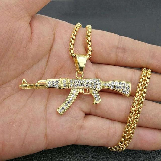 Hip Hop Iced Out Rhinestones Ak47 Gun Pendant With 4Size Chain Stainless Steel Gold Color Necklace Mj2