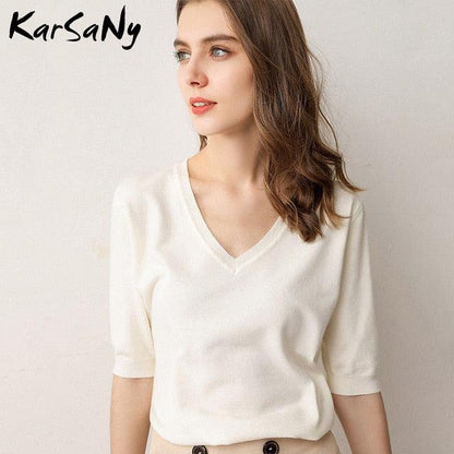 Nice Half Sleeve Knitted Blouse - Women Summer Ladies V-neck Blouses - Blouse Knitted Women Tops - Plus Size (TB1)(F19)