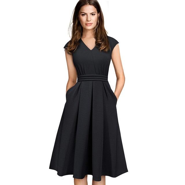 Brief Elegant Solid Color Sleeveless Dress With Pocket A Line Women Flare Dress Bwmwso3