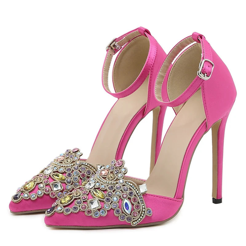 Liyke High Quality Crystal Diamond Pointed Toe Stiletto Heels Wedding Prom Shoes Fashion Buckle Strap Women Pumps Sandal Size 42