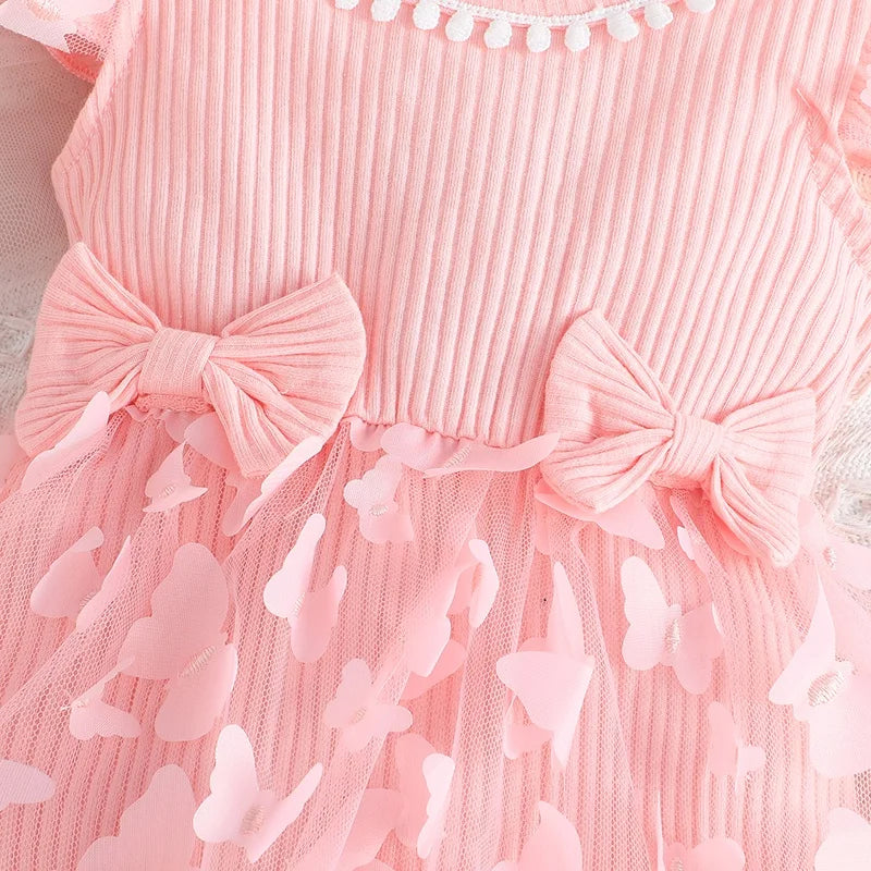 Set Dress For Kids 0-18 Months old Birthday Pink Butterfly Sleeve Tulle Princess Formal Dresses Ootd For Newborn Baby Girl