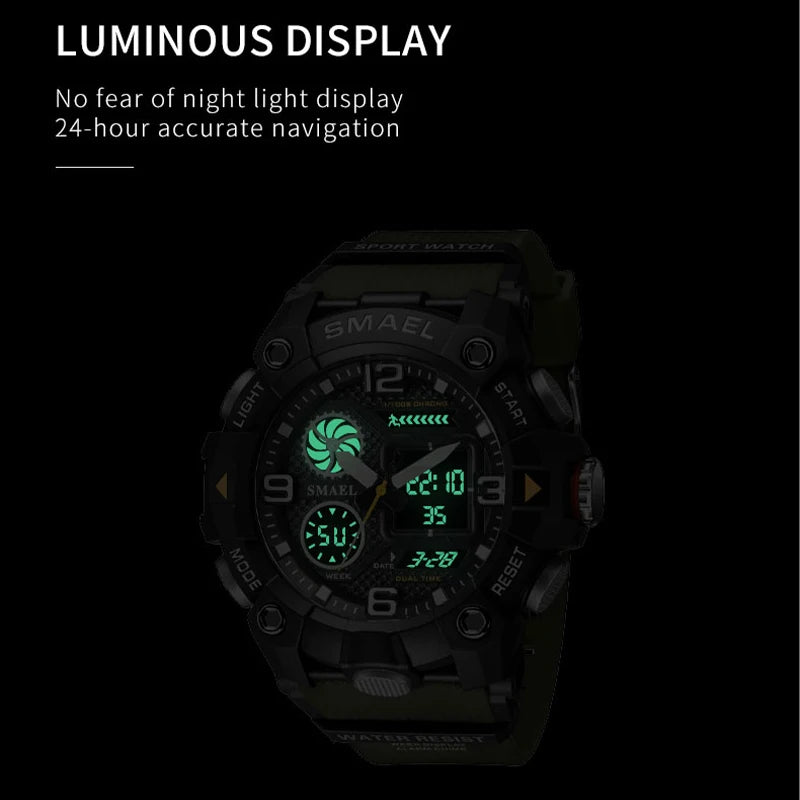 SMAEL Quartz Watch Sport 50M Waterproof Stopwatch Week Display LED Digital Alarm Clock Male 8055 Men Watches Sports Wristwatches