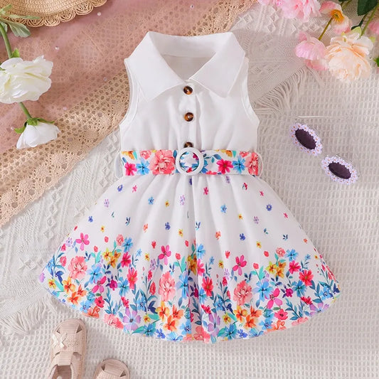 Dress For Kids 3-36 Months Korean Style  Sleeveless Cute Button Summer Floral Princess Formal Dresses Ootd For Newborn Baby Girl