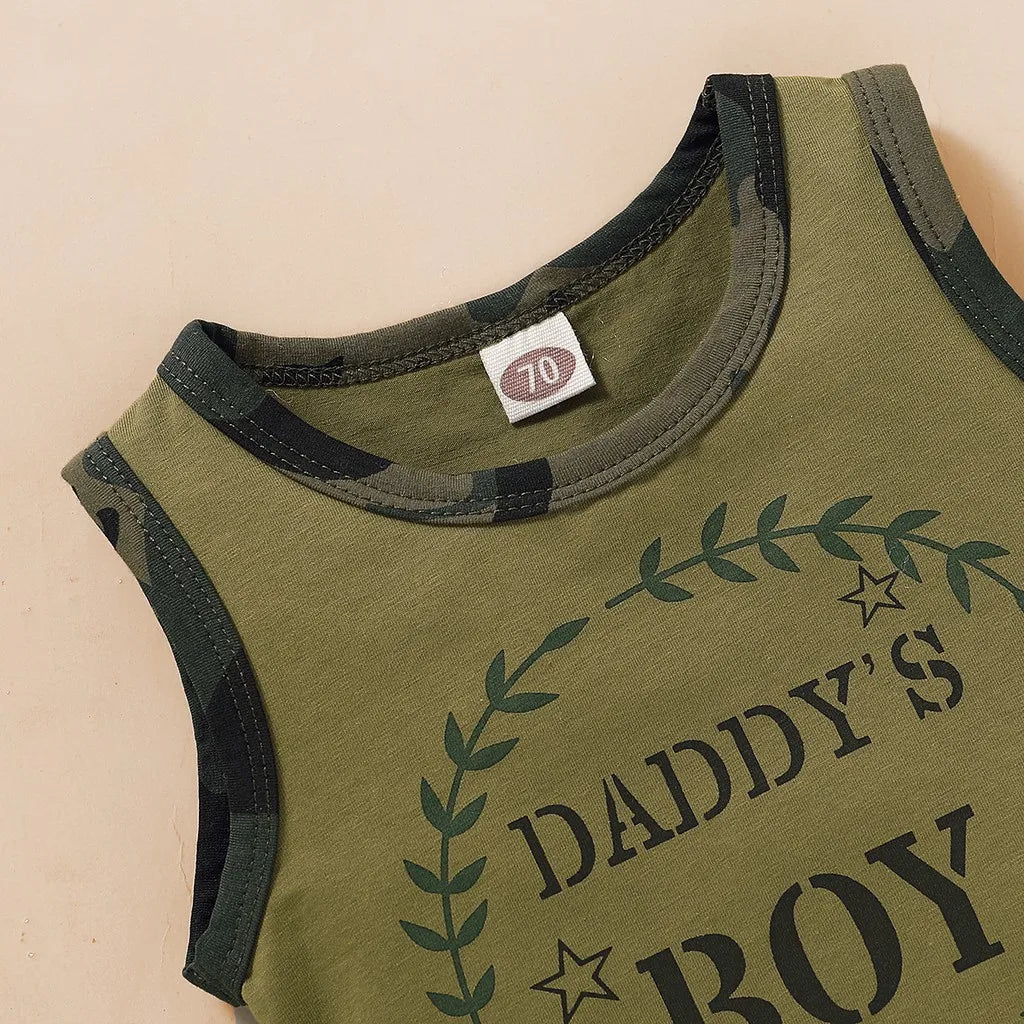 Letters Print Sleeveless Vest Top + Camouflage Shorts 2PCS Outfit Summer Clothing - Kids Toddler Baby Boy Fashion Clothes Set