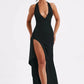 Deep V Neck Thigh High Split Maxi Dress Women Halter Sleeveless Backless