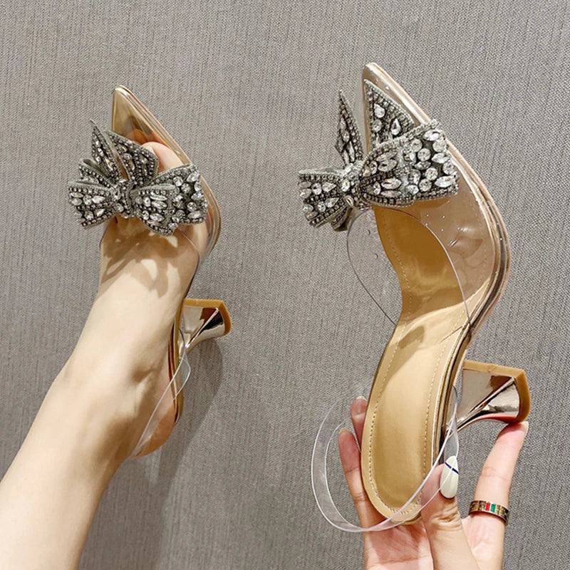 Liyke Fashion Crystal Sequined Bowknot Women Pumps Sexy Pointed Toe High Heels Wedding Prom Shoes Ladies PVC Transparent Sandals