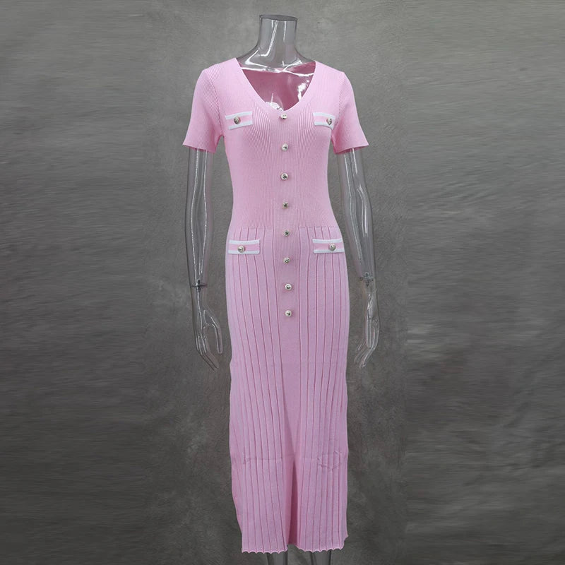 V-neck Short Sleeve Lady Robe, Elegant Knit Long Dress Women Chic Button Ribbed Slim Hip Package Female Dresses